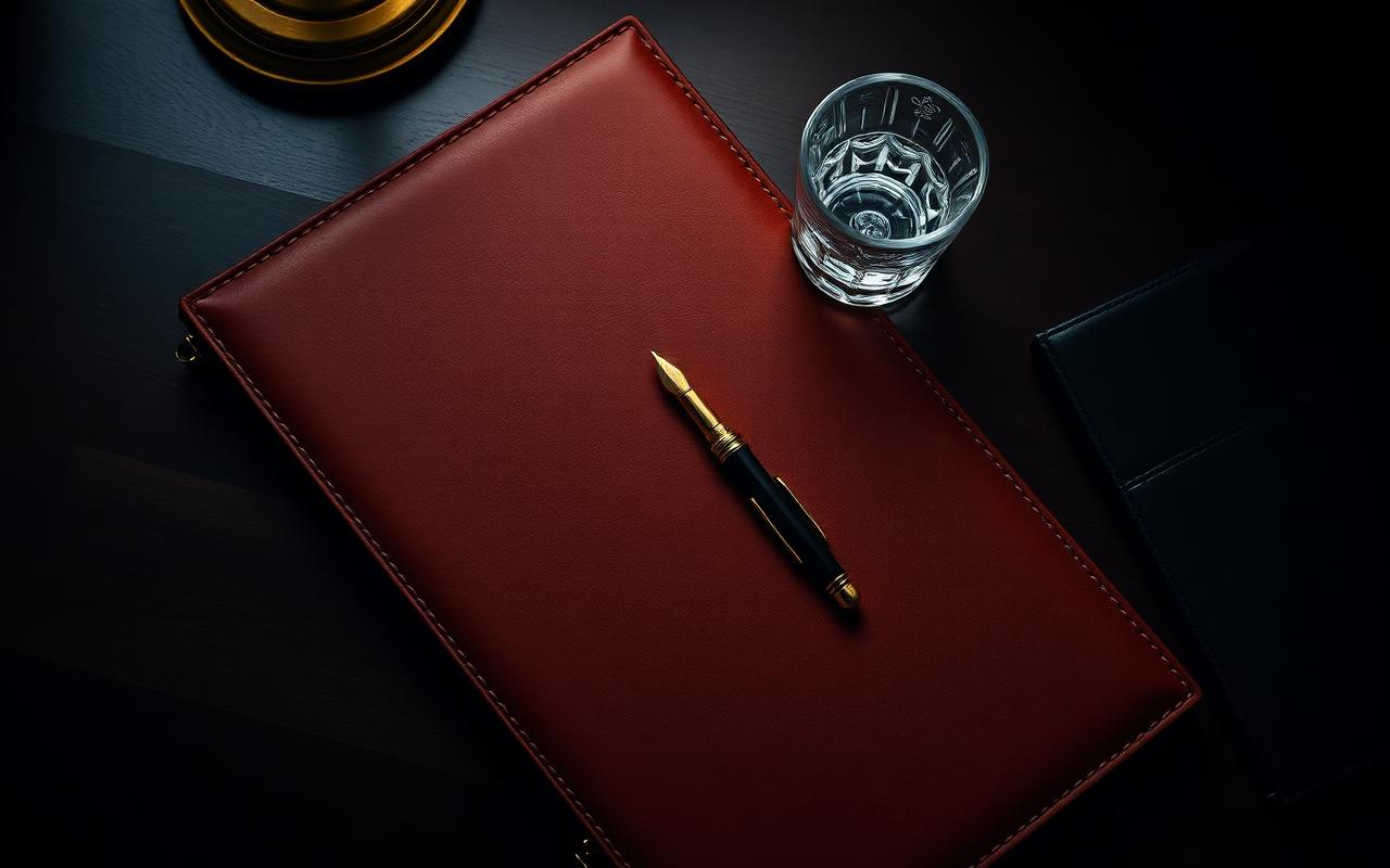 Executive desk with leather portfolio and brass details